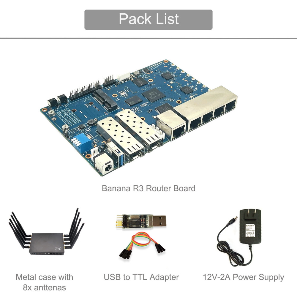 Banana Pi BPI R3 MediaTek MT7986 quad core Router Development Board,2G DDR RAM ,8G eMMC Flash Support Wi-Fi6 5 GbE network port