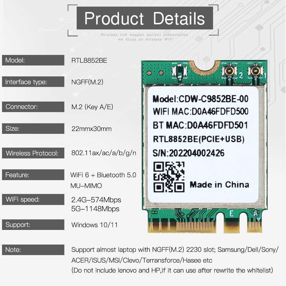 Wi-Fi 6 module CDW-C9852BE Realtek RTL8852BE NGFF M.2 2230 wifi card 2.4G/5GHzwifi Bluetooth 5.0