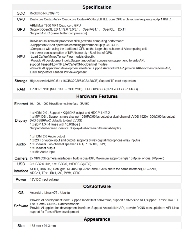 Firefly AIO-3399ProC RK3399Pro Single Board Computer for Aiot Cortex-A72 Cortex-A53 LPDDR3 Linux+QT/Android/Ubuntu sbc
