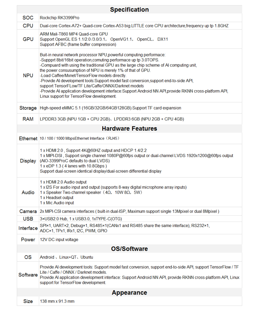 Firefly AIO-3399ProC RK3399Pro Single Board Computer for Aiot Cortex-A72 Cortex-A53 LPDDR3 Linux+QT/Android/Ubuntu sbc