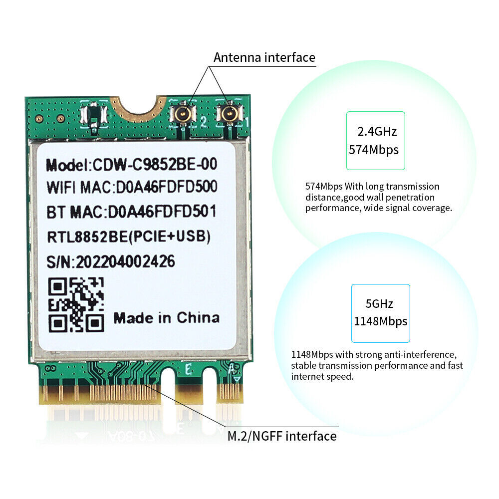 Wi-Fi 6 module CDW-C9852BE Realtek RTL8852BE NGFF M.2 2230 wifi card 2.4G/5GHzwifi Bluetooth 5.0