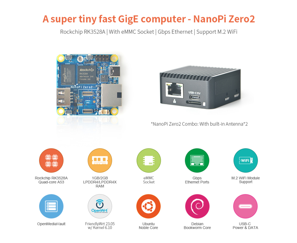 NanoPi Zero2 - Tiny GbE Computer Router - Hidden WiFi Antenna, With eMMC Socket, RJ45 GbE, RK3528A