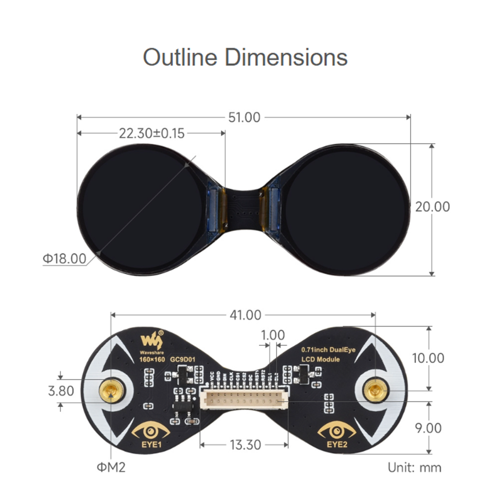 youyeetoo 0.71inch Double Eye Round LCD Display Module, 160×160 Resolution, SPI Interface, 65K Colors