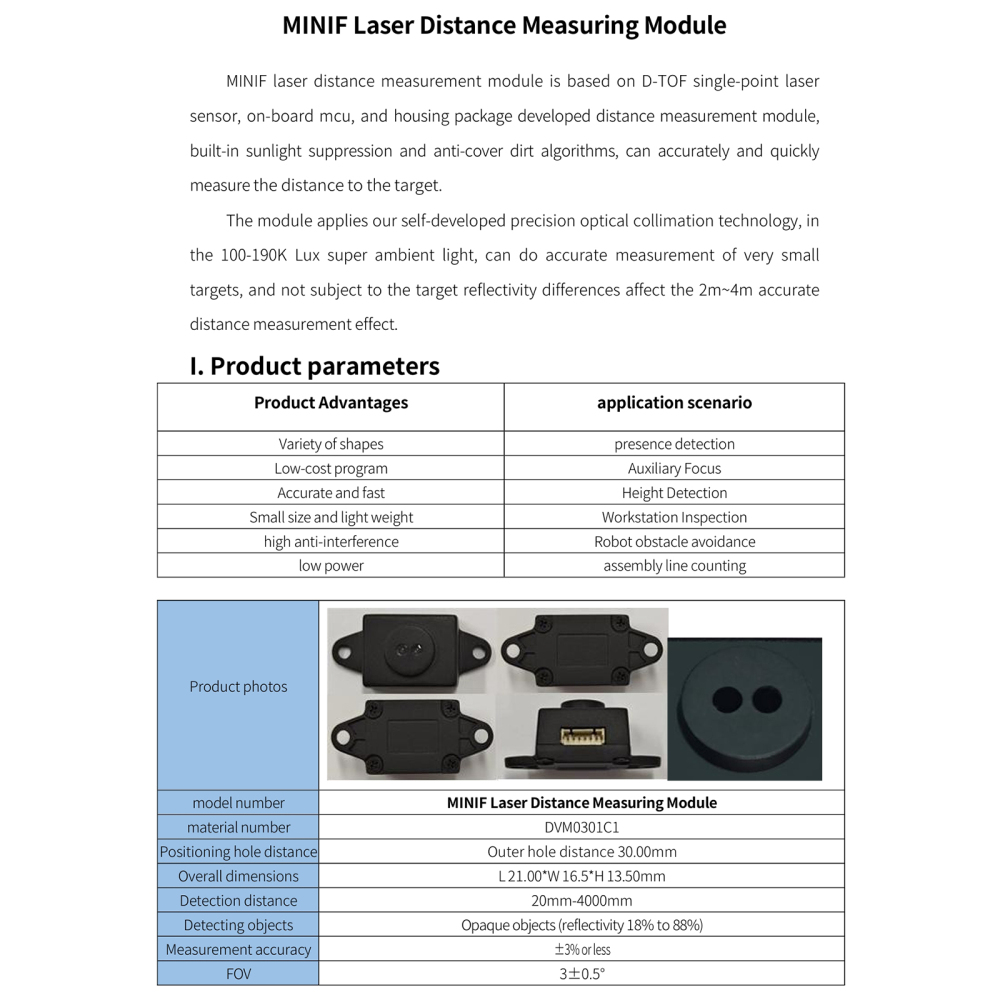 NURATEK MINIF TOF LidarRanging Module, Compact Size Light Weight, High Accuracy ±3% 20mm to 4000mm, Anti-interference, for Industrial Automation/Robotics/Screen Photography, 20mm-4000mm Detection Range, 940nm Wavelength, Class 1 Laser Safety