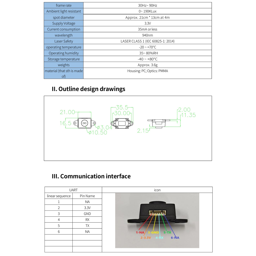 NURATEK MINIF TOF LidarRanging Module, Compact Size Light Weight, High Accuracy ±3% 20mm to 4000mm, Anti-interference, for Industrial Automation/Robotics/Screen Photography, 20mm-4000mm Detection Range, 940nm Wavelength, Class 1 Laser Safety