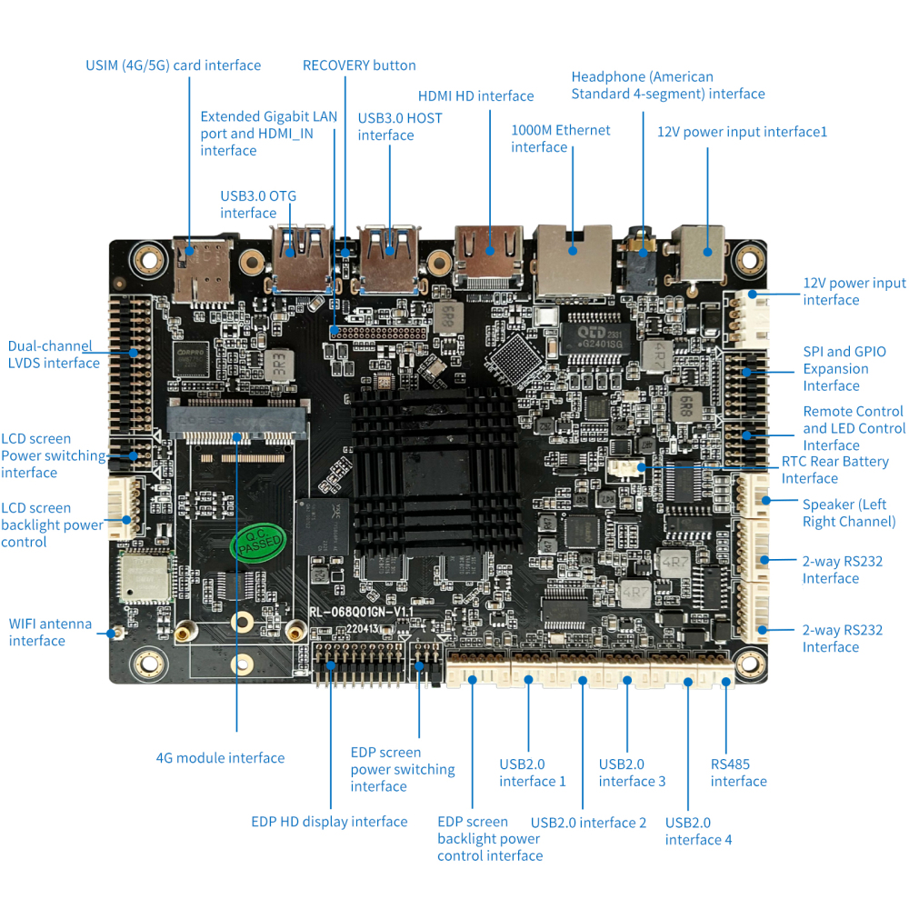 RL-068Q01GN Digital Signage Motherboard, RK3568, 4G/5G Optional, Dual-screen Display, Infrared Remote Support