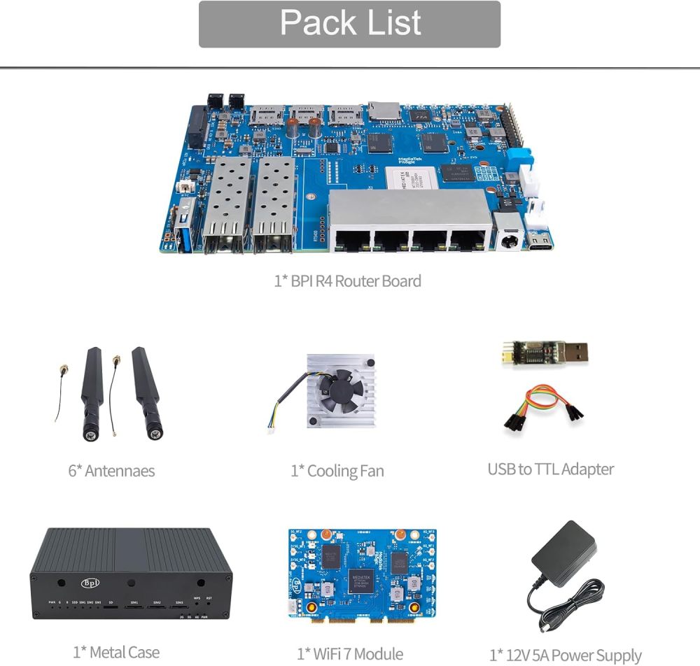 youyeetoo BPI-R4 WIFI 7 Router Kit - Dual 10Gbe SFP Ports,Triple-Band Wi-Fi 7 Support, MediaTek MT7988A, 4GB/8GB RAM - OpenWRT