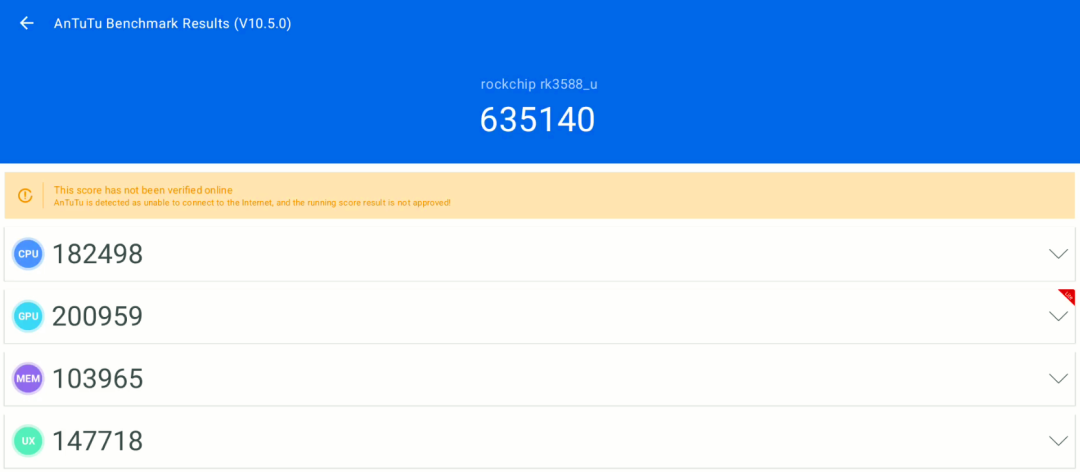 Antutu benchmark result for the Rockchip RK3588, showing a total score of 635,140 on the YY3588 single board computer.