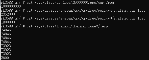 Terminal output showing the CPU and thermal status of the RK3588 single board computer under full load during a performance benchmark.