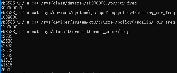Screenshot of terminal commands monitoring the idle state temperatures and CPU frequencies of the YY3588 single board computer.