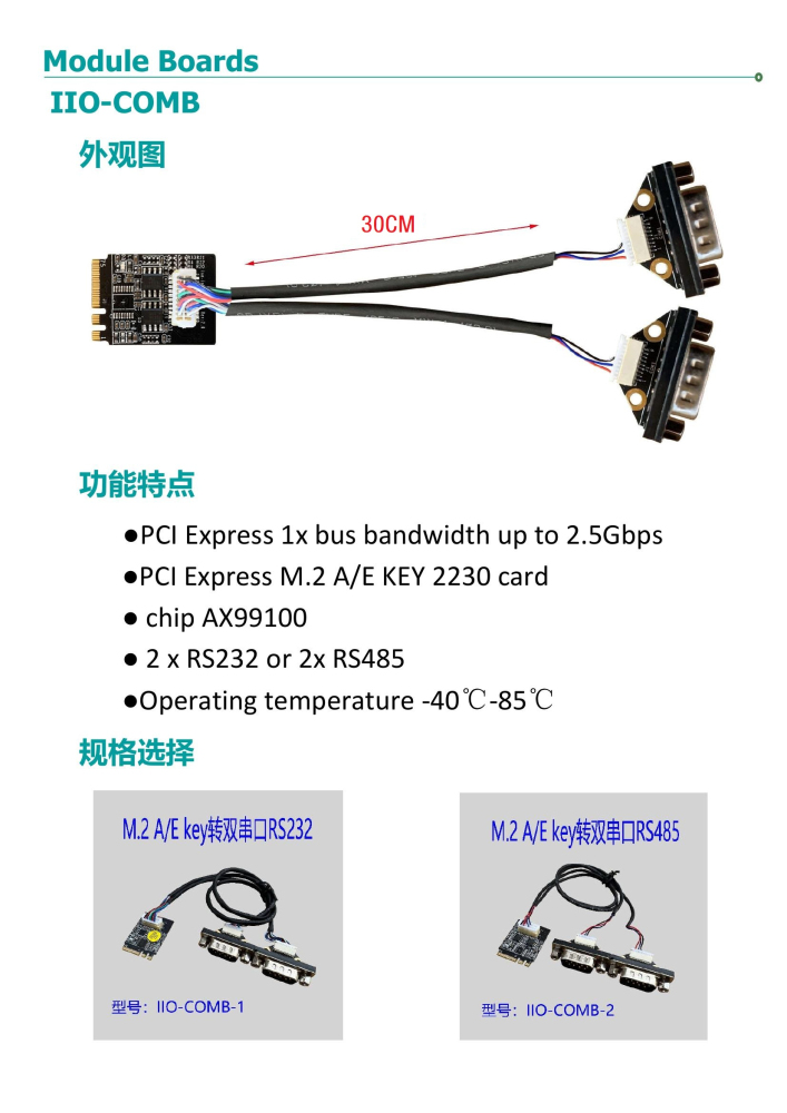youyeetoo IIO-COMB-1-2, Wide-Temp M.2 A+E Key Serial Expansion Card, 2×RS232 or 2×RS485, 30 cm Cable