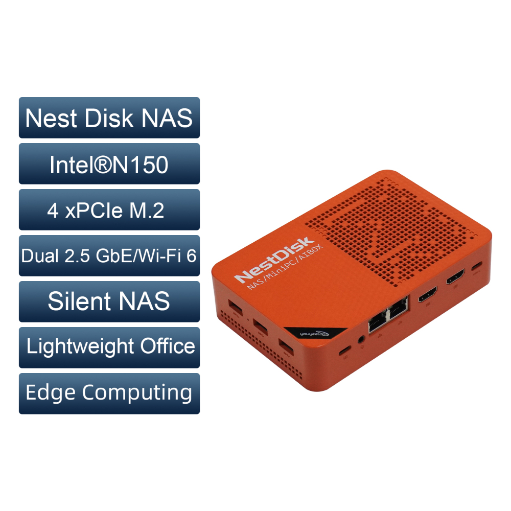 youyeetoo NestDisk Mini PC NAS 4-Bay NVMe SSD, Intel N150 Quad-Core 12GB DDR5, Dual 2.5GbE, Triple 4K@60Hz HDMI & USB-C, Personal Cloud Router Barebone