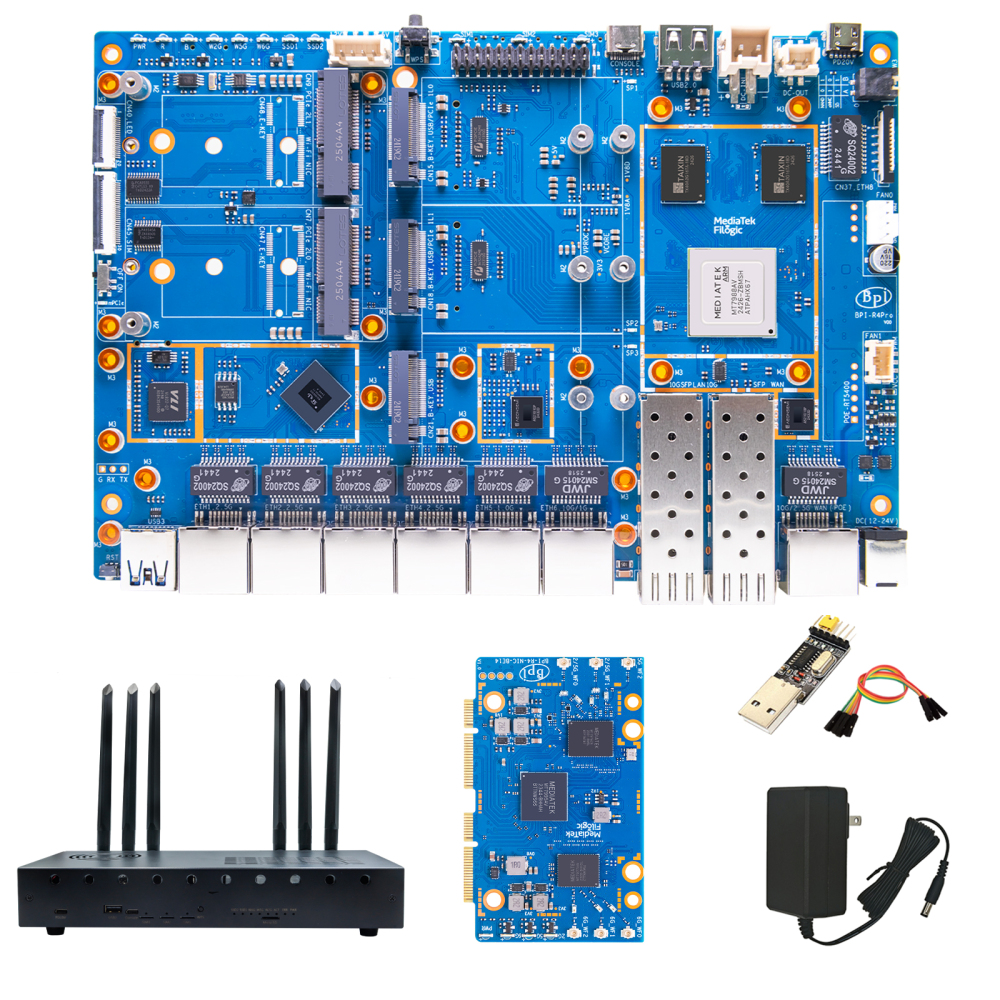 Banana Pi BPI-R4 Pro 8X/4E WiFi 7 Router Board, 8GB DDR4 MT7988A Cortex-A73 1.8GHz, 2x10G SFP+ 4x2.5GbE Ports, Support OpenWrt for Advanced Networking/NAS