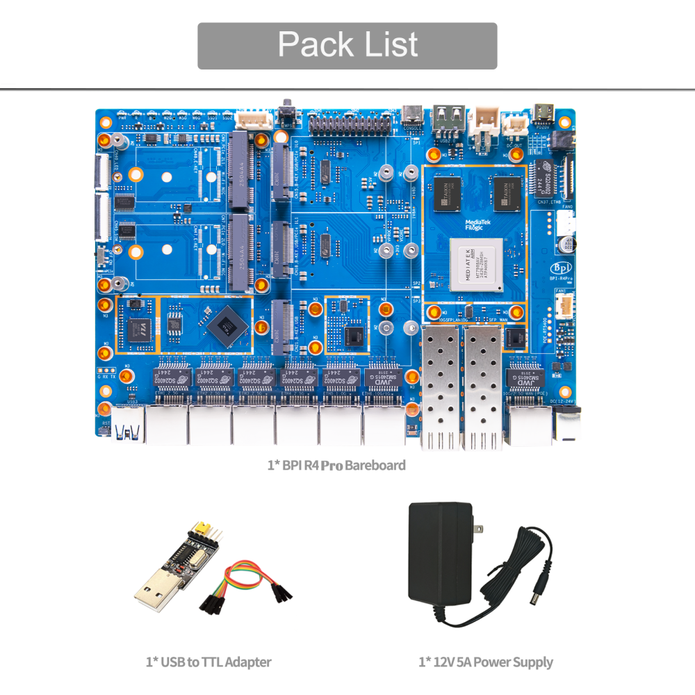 Banana Pi BPI-R4 Pro 8X/4E WiFi 7 Router Board, 8GB DDR4 MT7988A Cortex-A73 1.8GHz, 2x10G SFP+ 4x2.5GbE Ports, Support OpenWrt for Advanced Networking/NAS