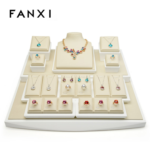 FANXI TT018 Jewelry display set white print basment beige microfiber ring earring pendant necklace display stands