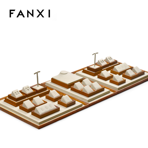 FANXI TT027 wholesale custom jewelry store exhibitor necklace earring ring beige Jewelry display stand wooden jewelry display sets