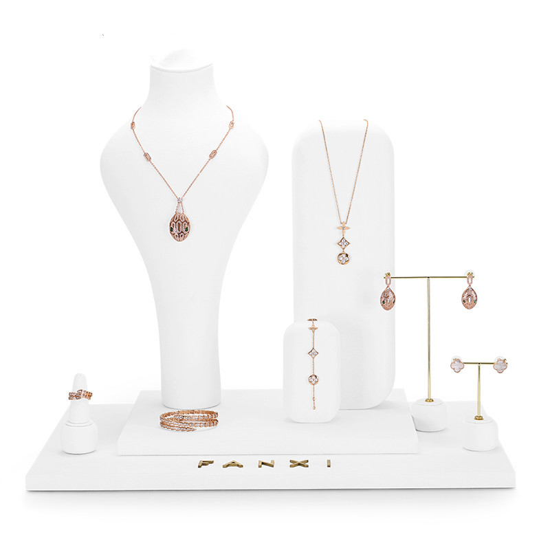 FANXI TT035 New Arrival white microfiber jewelry set for ring necklace earring jewelry display rack showcase