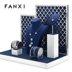 FANXI TT037 New Arrival luxury blue microfiber jewelry display holder set for ring necklace showcase exhibition