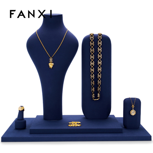 FANXI TT034 Custom Hot Sale Dark blue mircrofiberJewelry Display Stand For Ring Earring Pendant Necklace Jewelry Showcase