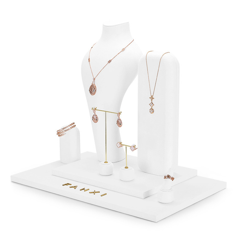 FANXI TT035 New Arrival white microfiber jewelry set for ring necklace earring jewelry display rack showcase