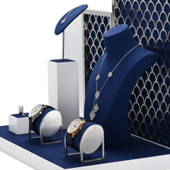 FANXI TT037 New Arrival luxury blue microfiber jewelry display holder set for ring necklace showcase exhibition