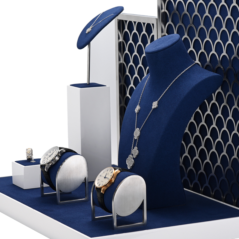 FANXI TT037 New Arrival luxury blue microfiber jewelry display holder set for ring necklace showcase exhibition