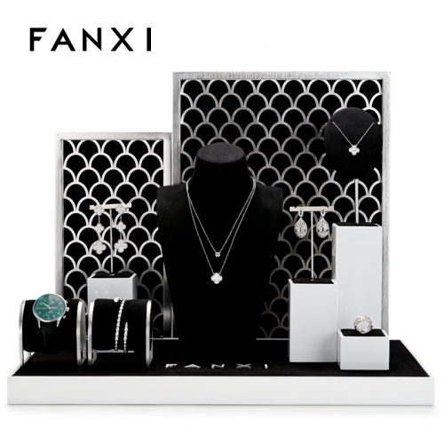 FANXI TT039 Luxury Ring Necklace Earrings Jewelry Display for Metal Microfiber Shop window Jewelry Display Set