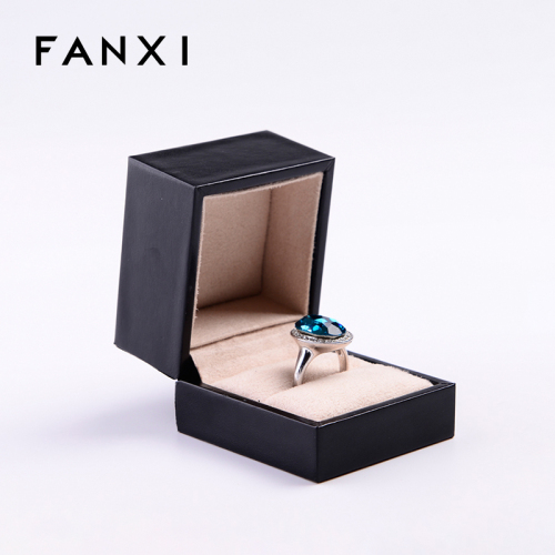 FANXI TC-H008 Luxury Custom Logo Printed Wholesale Black PU Leather Wedding Ring Boxes Paper Packaging Suede Jewelry Ring Box