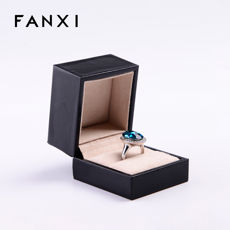 FANXI TC-H008 Luxury Custom Logo Printed Wholesale Black PU Leather Wedding Ring Boxes Paper Packaging Suede Jewelry Ring Box