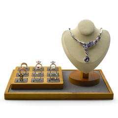 FANXI Accept Custom Solid Wood Jewelry Display Creamy White Dark Grey Microfiber Ring Display Tray