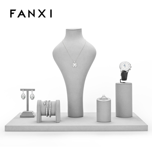 FANXI TT057 high end grey microfiber jewelry display set hold ring pendant luxury jewellery with custom logo and printing