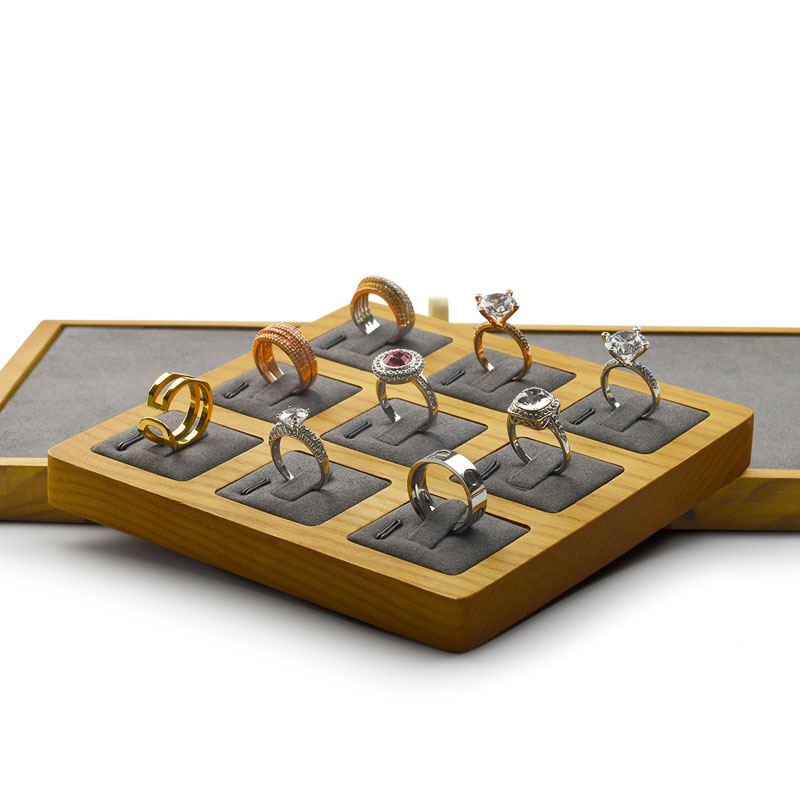 FANXI Accept Custom Solid Wood Jewelry Display Creamy White Dark Grey Microfiber Ring Display Tray