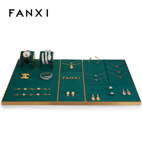 FANXI TT042 wholesale stock luxury metal microfiber rack showcase jewellery stand set for jewelry