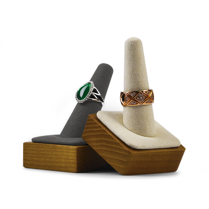 FANXI Custom Beige And Dark Gray Color Wooden Finger Wedding Ring Holder Jewelry Display Rack Microfiber Cone Ring Display Stand