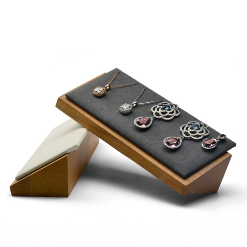 FANXI OEM Wholesale Beige Gray Microfiber Jewellery Holder For Pendant Earrings Natural Wood Jewelry Necklace display