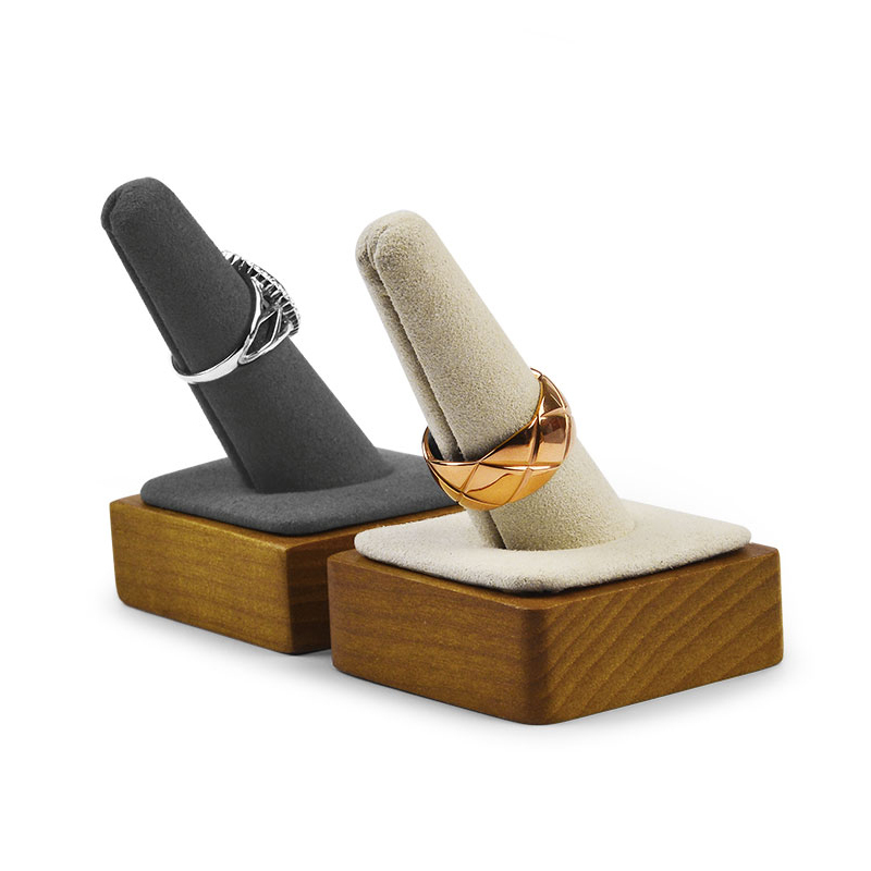 FANXI Custom Beige And Dark Gray Color Wooden Finger Wedding Ring Holder Jewelry Display Rack Microfiber Cone Ring Display Stand