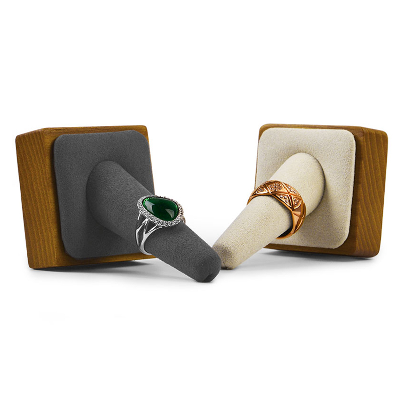 FANXI Custom Beige And Dark Gray Color Wooden Finger Wedding Ring Holder Jewelry Display Rack Microfiber Cone Ring Display Stand