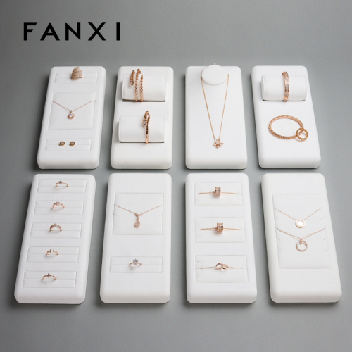 FANXI TT069 New Arrival jewelry luxury display trays white microfiber ring earring necklace shop window display plates showcase set