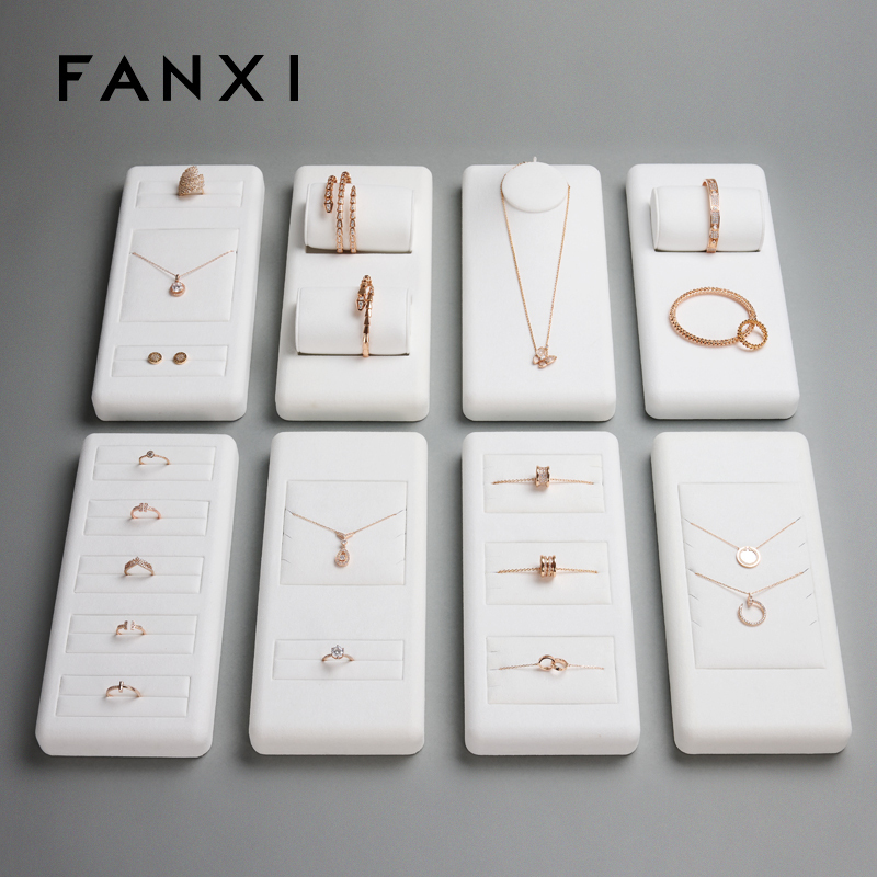FANXI TT069 New Arrival jewelry luxury display trays white microfiber ring earring necklace shop window display plates showcase set
