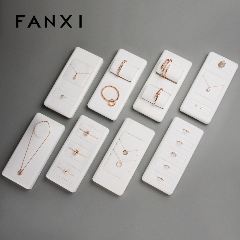 FANXI TT069 New Arrival jewelry luxury display trays white microfiber ring earring necklace shop window display plates showcase set