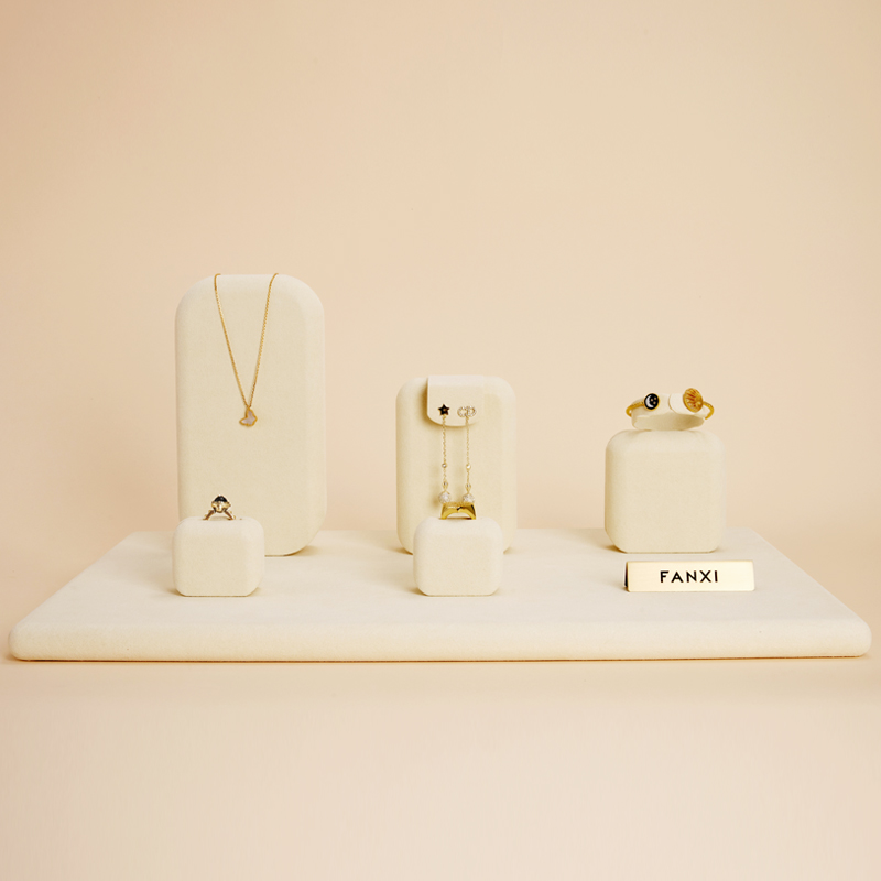 FANXI TT084 new customized beige microfiber jewelry display stand ring earrings pendant bracelet bangle necklace jewelry display set