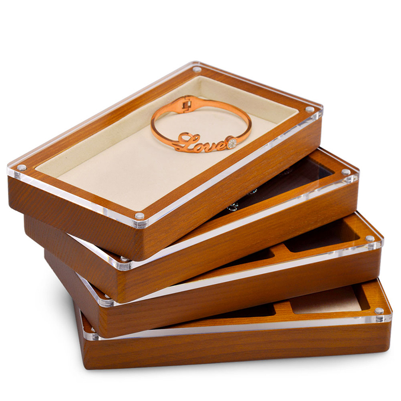 FANXI SM133 Custom New solid wood case jewelry display microfiber exhibitor jewelry case transparent lid display tray