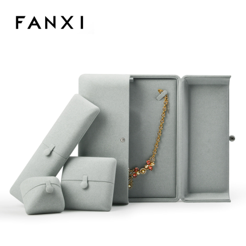 FANXI H065 High End Ice Blue Double Open Design Button Lock Microfiber Jewelry Packaging box Ring Earring Bracelet Jewelry Box