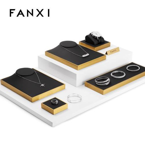 FANXI TT074 New Arrival fashion metal gold jewellery plates black PU leather ring earrings necklace display stand jewelry display set