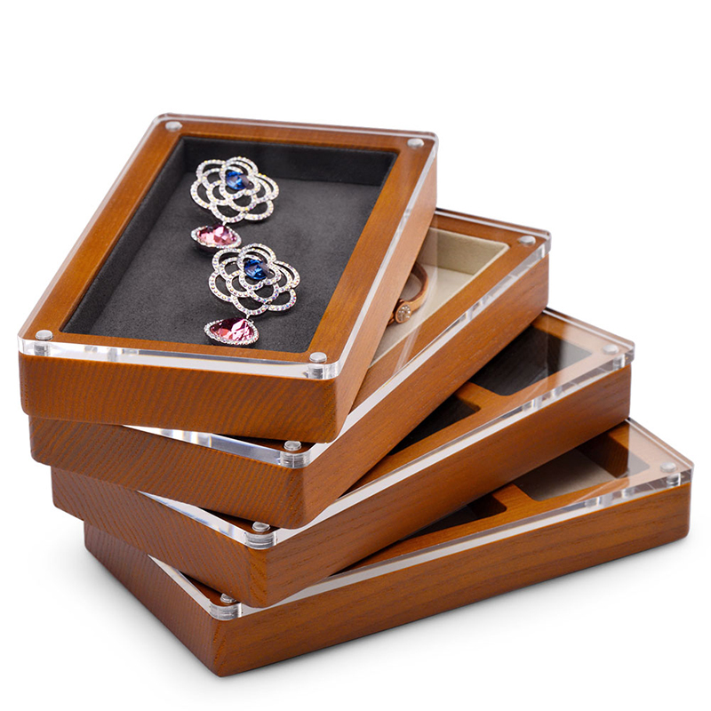 FANXI SM133 Custom New solid wood case jewelry display microfiber exhibitor jewelry case transparent lid display tray