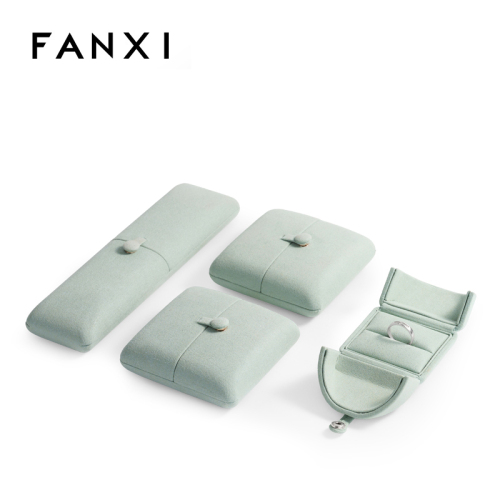 FANXI H064 High End Ice Blue Double Open Design Button Lock Microfiber Jewelry Packaging box Ring Earring Bracelet Jewelry Box