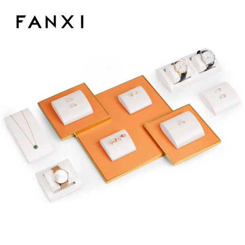 FANXI TT077 New exquisite Wholesale Metal gold trim Jewellery Display for ring earring necklace jewelry Showcas Pu leather Display Set
