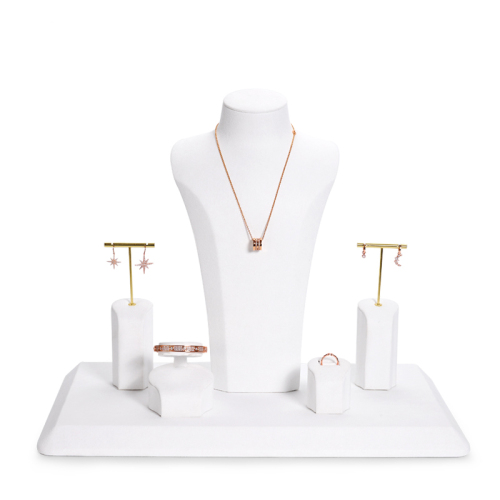 FANXI TT085 factory white microfiber and golden metal jewelry display ring earrings bracelet necklace jewelry shopwindow display set