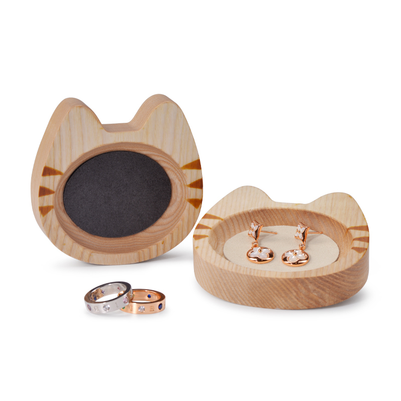 Fanxi SM153 New arrival vintage Wood ring earring necklace microfiber serving tray mini cat shape customized logo jewelry display