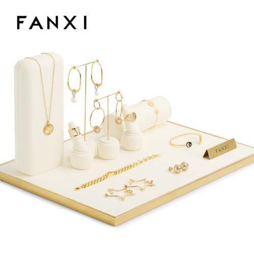 FANXI TT093 high end metal and white microfiber jewelry display set for diamond jewelri display ring earring and necklace stand